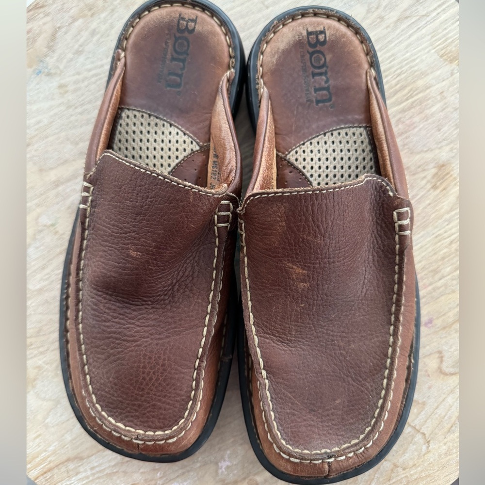 BØRN Slip On Brown Leather Mens Backless Loafers Size 9 - Picture 2 of 7